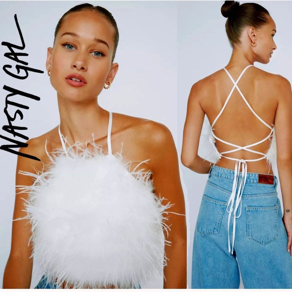 💥CHIC & SEXY💥LUX MARABOU FEATHERS LACE UP BANDEAU CROP TOP in White